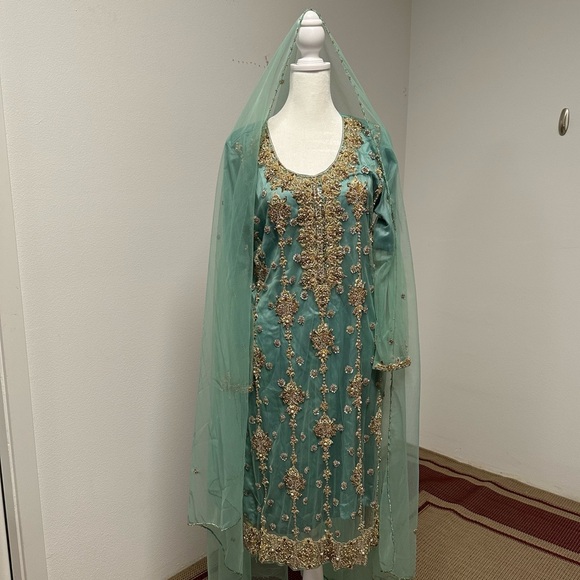Mint Green and Gold Three-Piece Salwar Kameez Heavy Stonework| Size Approx Large - Picture 2 of 14